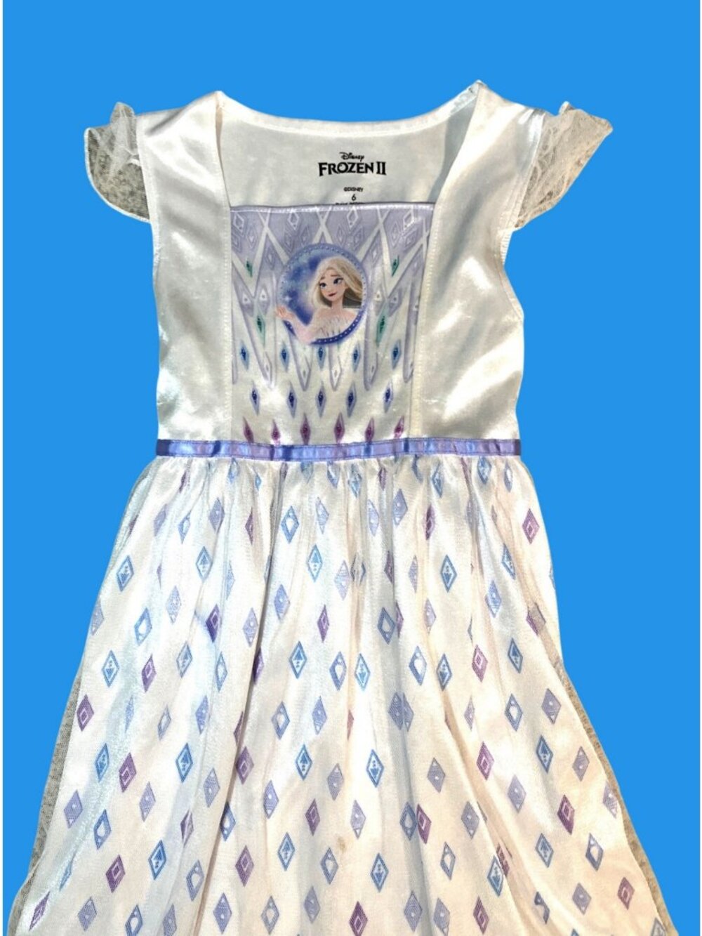 Disney Frozen Elsa Costume Dress Pajama Girls Size 6 White Purple Diamond Print